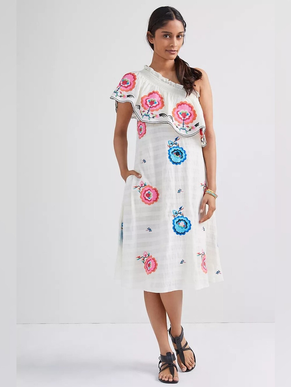Anthropologie Plenty by Tracy Reese Embroidered One-Shoulder Midi Dress Size S
